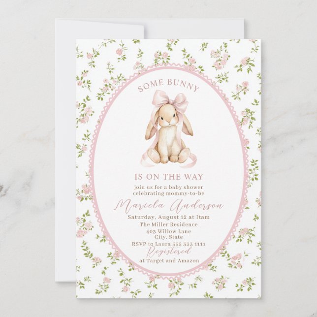 Invitation Elegant Watercolor some bunny pink bow Baby Shower (Devant)