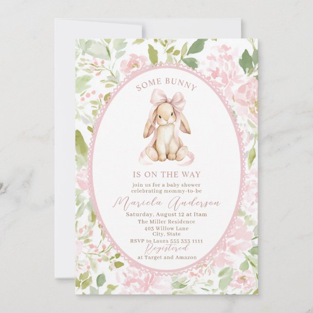 Invitation Elegant Watercolor some bunny pink bow Baby Shower (Devant)