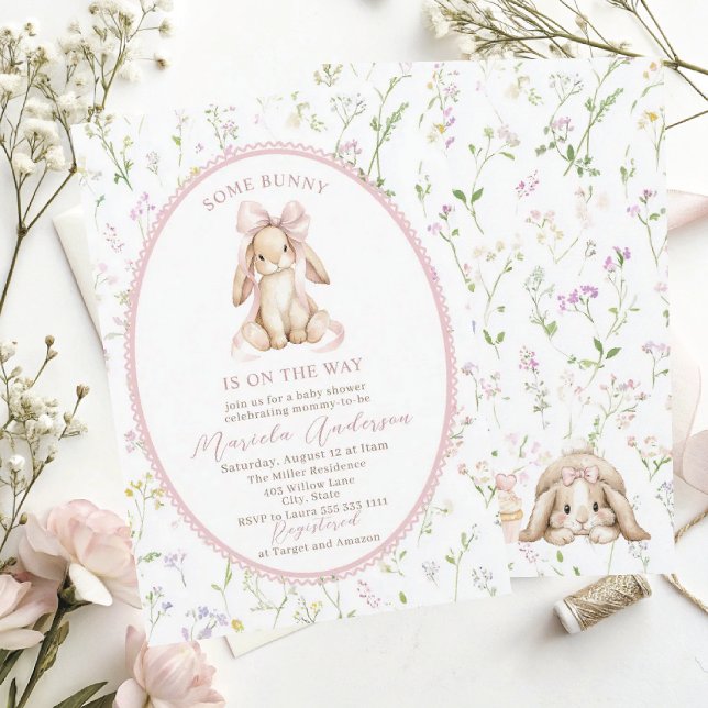 Invitation Elegant Watercolor some bunny pink bow Baby Shower (Créateur téléchargé)