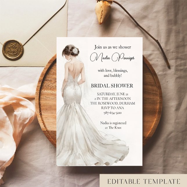 Invitation Elegant Watercolor Wedding Dress Bridal Shower  (Créateur téléchargé)