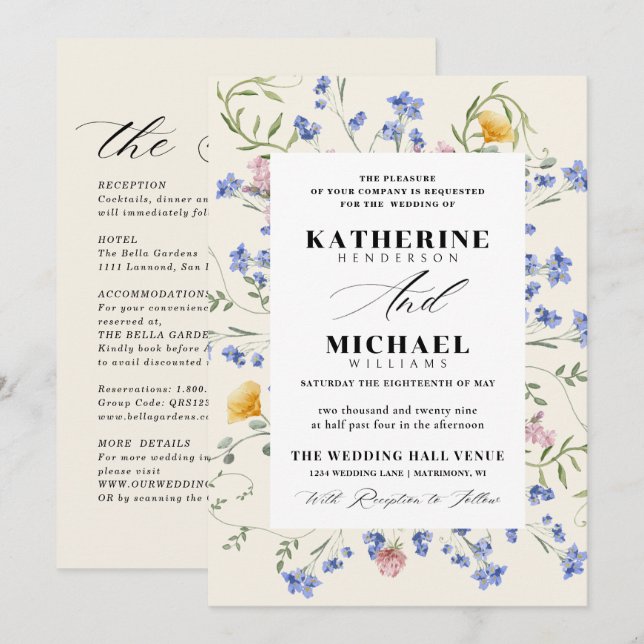 Invitation Elegant Watercolor Wldflowers Meadow Details RSVP (Devant / Derrière)