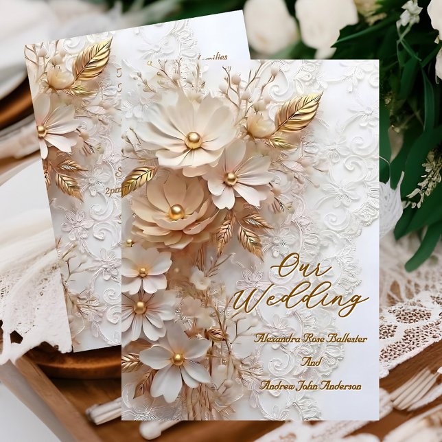 Invitation Elegant Wedding Beige White Lace Gold Flowers (Créateur téléchargé)
