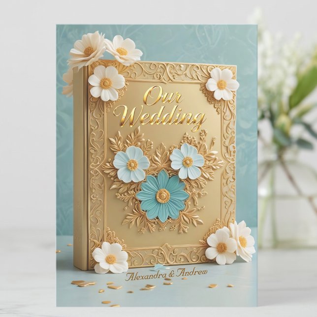 Invitation Elegant Wedding Book Blue White Gold Flowers (Créateur téléchargé)