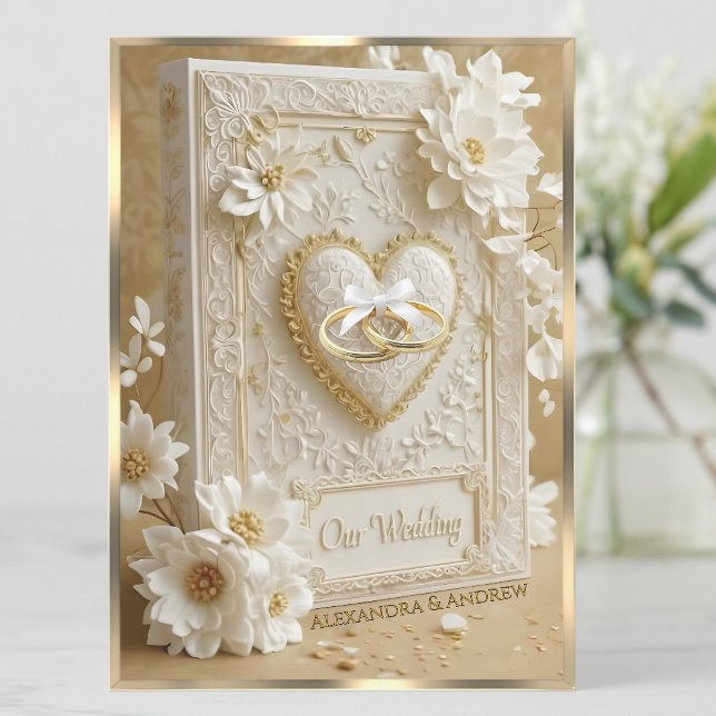 Invitation Elegant Wedding Book Gold Heart Lace White Flowers (Créateur téléchargé)