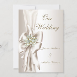 Invitation Elegant Wedding Damask Pearl Cream White Bow 2