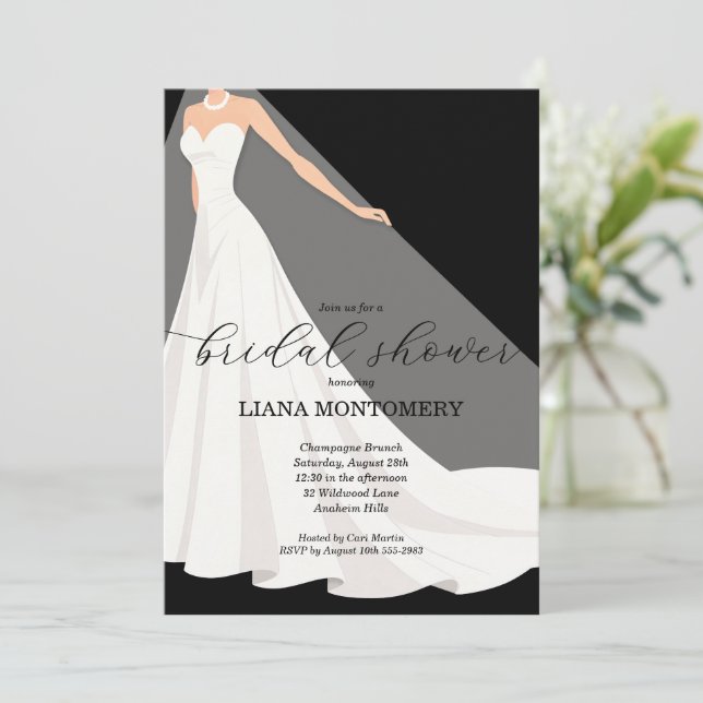 Invitation Elegant Wedding Dress on Black Bridal Shower (Debout devant)