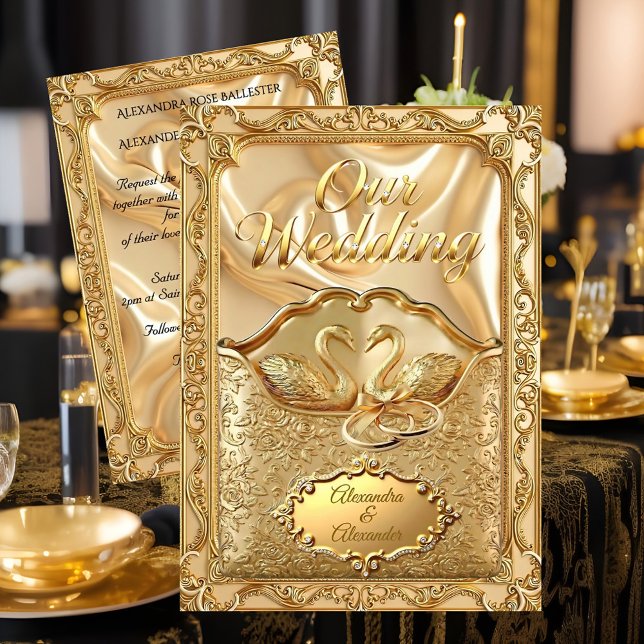 Invitation Elegant Wedding Golden Swans Rings Gold Diamonds (Créateur téléchargé)