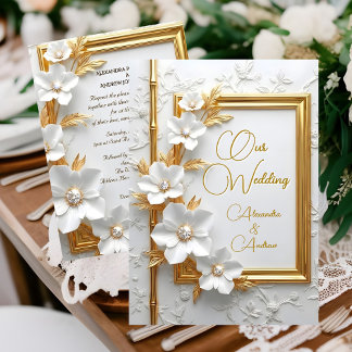 Invitation Elegant Wedding White Embossed Gold Diamond Floral