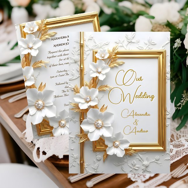 Invitation Elegant Wedding White Embossed Gold Diamond Floral (Créateur téléchargé)