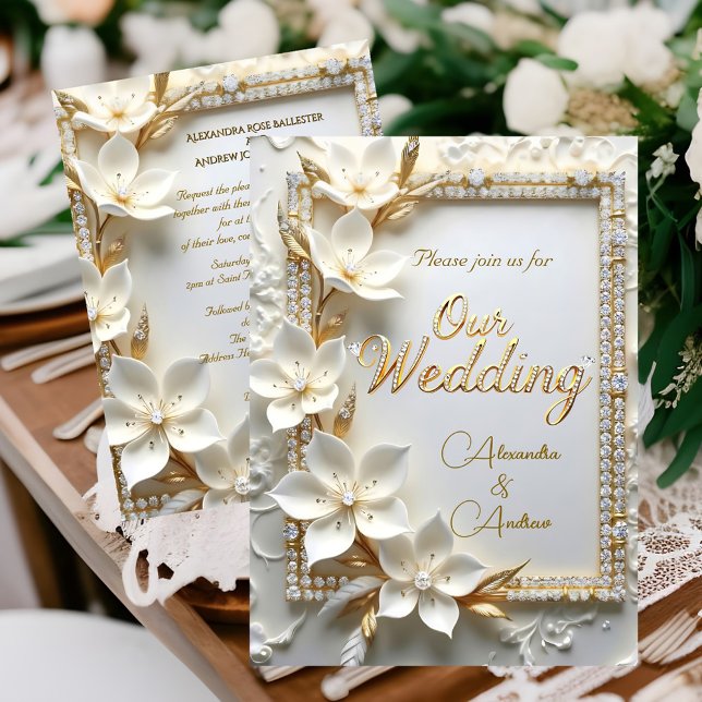 Invitation Elegant Wedding White Embossed Gold Diamond Flower (Créateur téléchargé)