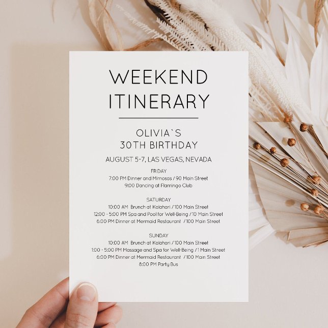 Invitation Elégant Week-end Anniversaire Itinéraire Invitatio (Minimalist Weekend Itinerary Card)
