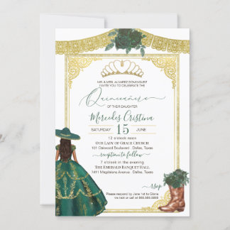 Invitation Élégant Western Charro Quinceanera Rose d'émeraude