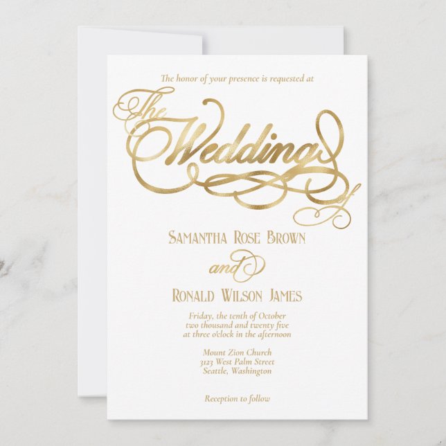 Invitation Elegant White and Faux Gold Calligraphy Wedding (Devant)