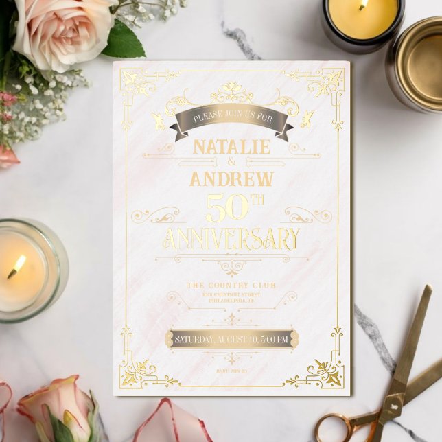 Invitation Elegant White and Gold Border Foil (Créateur téléchargé)