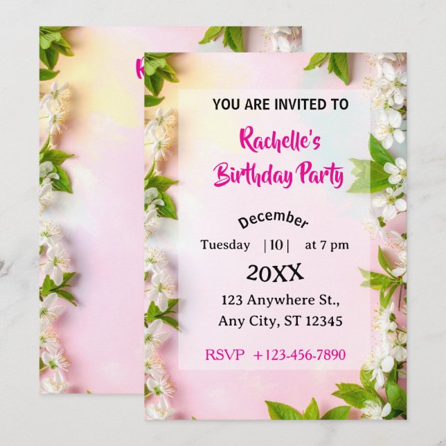 Invitation Elegant White Cherry Blossom Floral Birthday (Devant / Derrière)