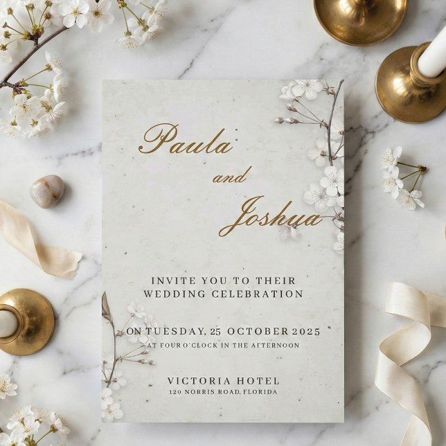 Invitation Elegant White Cherry Blossom & Gold Script Wedding (Créateur téléchargé)