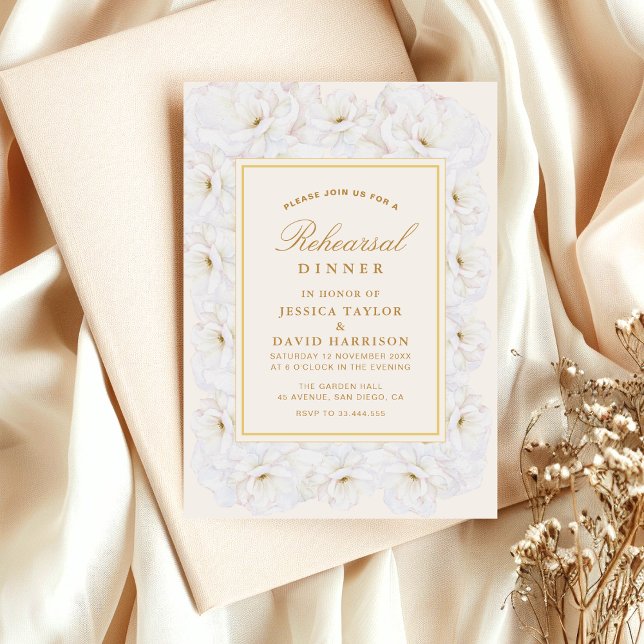 Invitation Elegant White Floral Ivory Gold rehearsal dinner  (Créateur téléchargé)