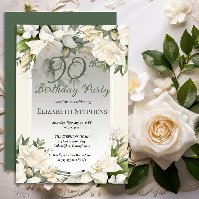Invitation Elegant White Gardenia Floral 90th Birthday Party (Elegant White Gardenia Floral 90th Birthday Party Invitations -- Print | Digital Download)
