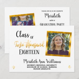 Invitation Elégant White Gold 2 Photo Fête de graduation tend