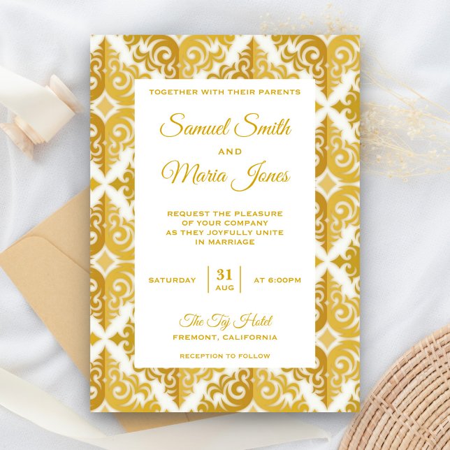 Invitation Elegant White Gold Mariage damassé (Créateur téléchargé)