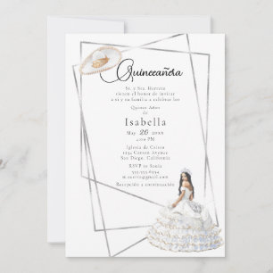 Invitation Elegant White Gown et Sombrero Quinceañera