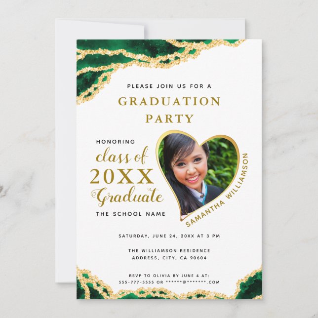 Invitation Élégant White Green Gold Agate 2025 Graduation (Devant)