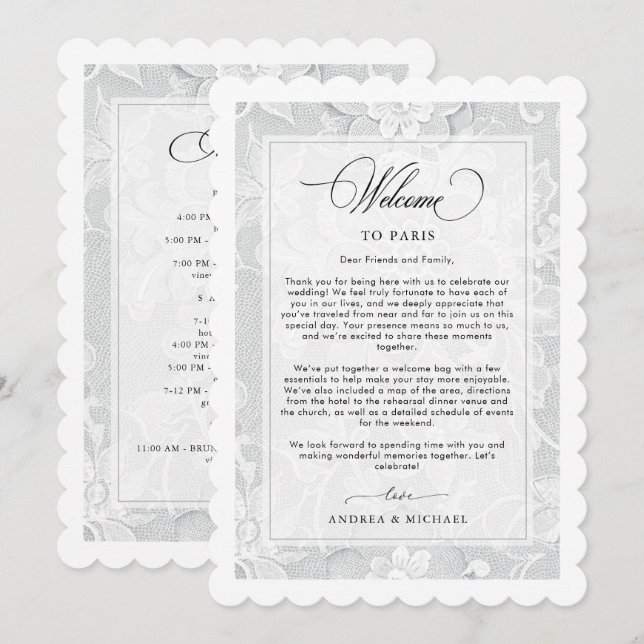 Invitation Elegant White Lace Wedding Welcome Itinerary Card (Devant / Derrière)