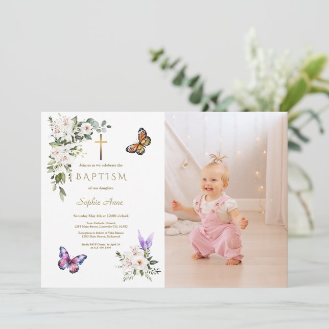 Invitation Elegant White Lily Butterfly Girl Photo Baptism (Debout devant)