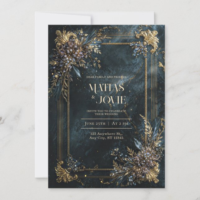 Invitation Elegant White Marble Gold Geometric Floral Wedding (Devant)