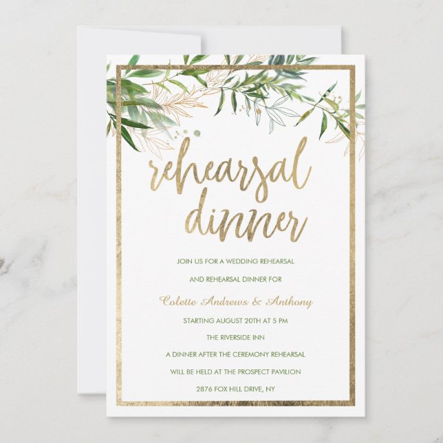 Invitation Elegant white mint gold foliage Rehearsal Dinner (Devant)