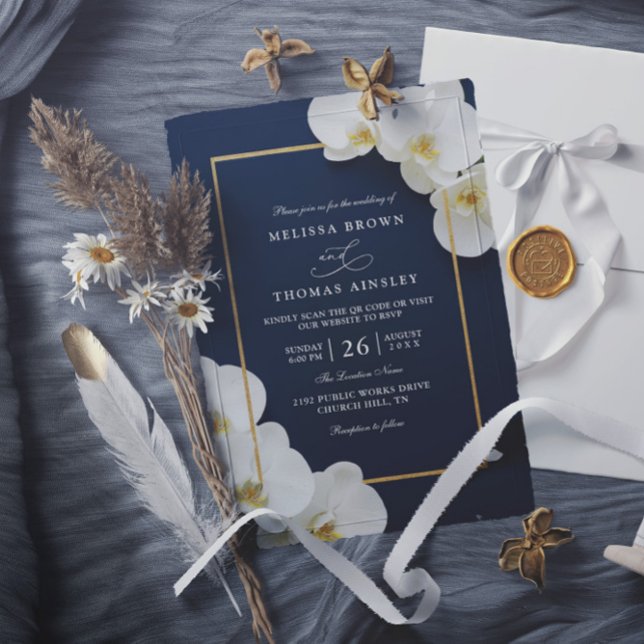 Invitation elegant white orchid blooms chic qr code wedding (Créateur téléchargé)