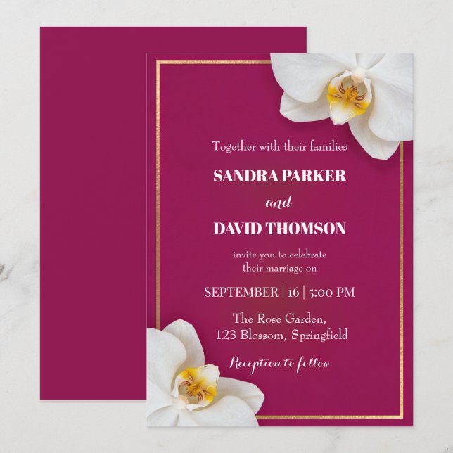 Invitation elegant white orchid blooms wedding (Devant / Derrière)