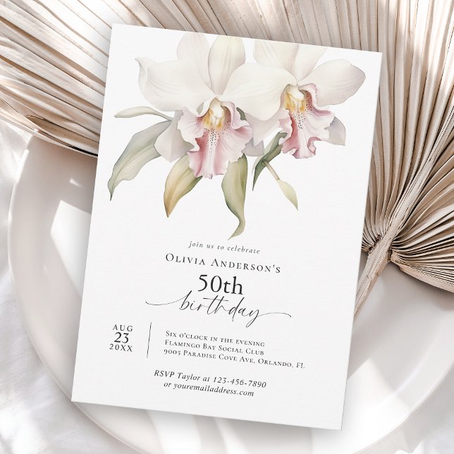 Invitation Elegant White Orchids Floral 50th Birthday (Available in both printed and instant download digital formats.)