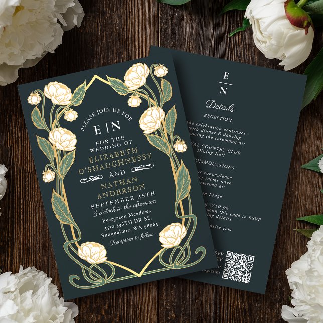 Invitation Elegant White Peony Art Nouveau QR Code Wedding (Créateur téléchargé)