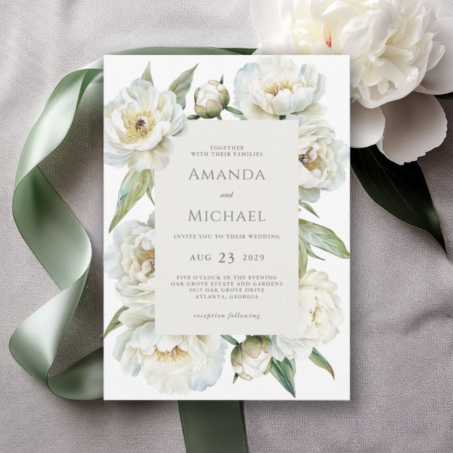 Invitation Elegant White Peony & Sage Green Floral Wedding (Available in both printed and instant download digital formats.)