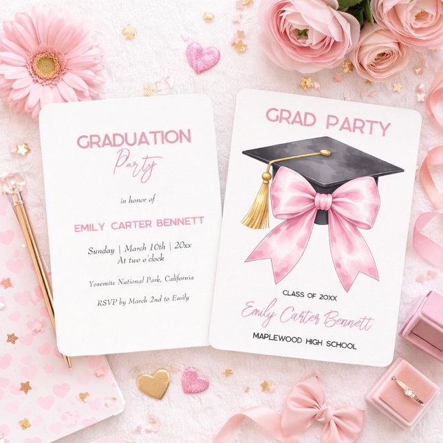 Invitation Elegant White Pink Coquette Bow Girly Graduation (Créateur téléchargé)
