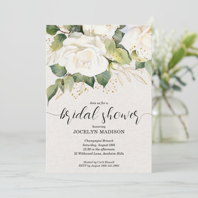 Invitation Elegant White Roses Bridal Shower (Debout devant)