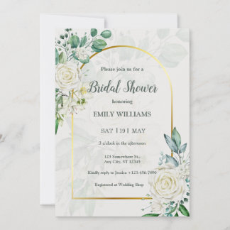 Invitation Elegant White Roses Watercolor Bridal Shower