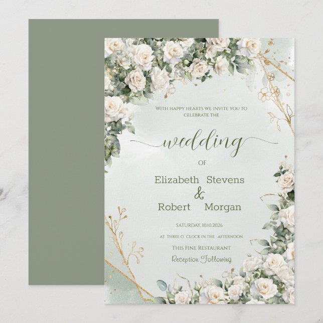 Invitation Elegant White Rosese Wedding (Devant / Derrière)
