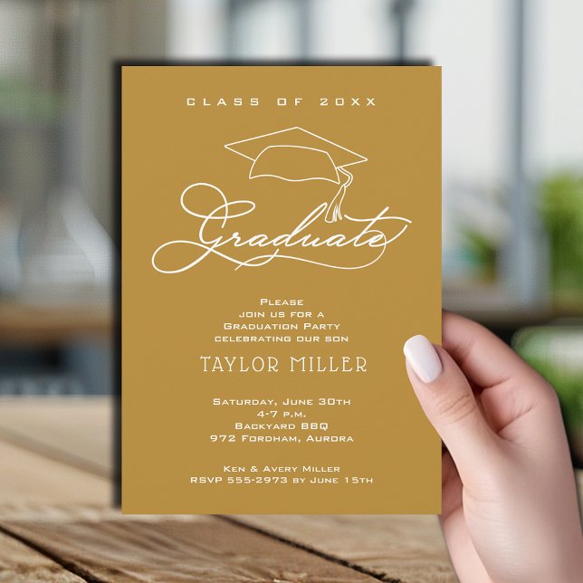 Invitation Élégant White Script Gold Graduation (Elegant white script and grad hat gold graduation party invitations)