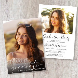 Invitation Élégant White Script Photo Graduation Party