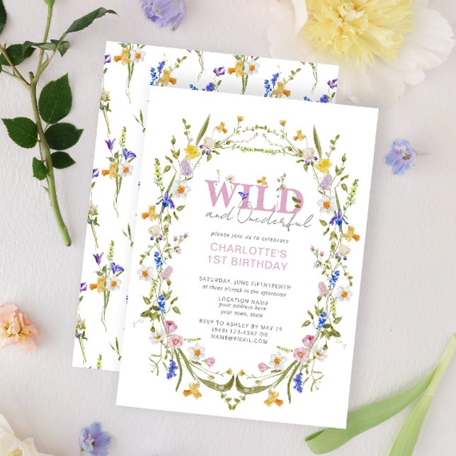 Invitation Elégant Wild & Onederful Fleur sauvage 1er anniver (1st Birthday Invitation)