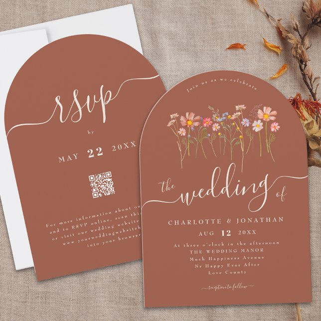 Invitation Elegant Wildflower Boho Terracotta QR Code Wedding (Elegant boho fall Wildflower floral terracotta rust qr code Wedding arch invitation Whimsical script)