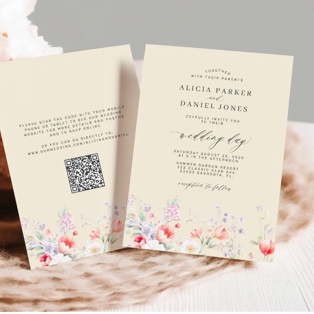 Invitation Elegant wildflower garden beige QR RSVP wedding (Créateur téléchargé)