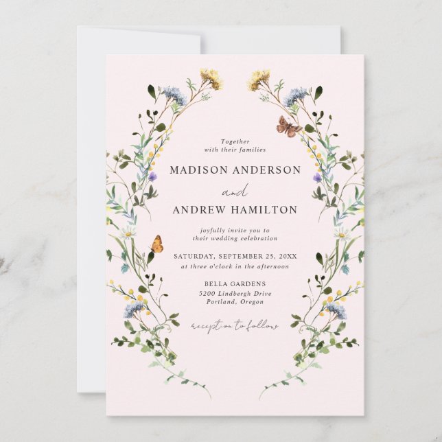 Invitation Elegant Wildflower Meadow Blush Pink Wedding (Devant)