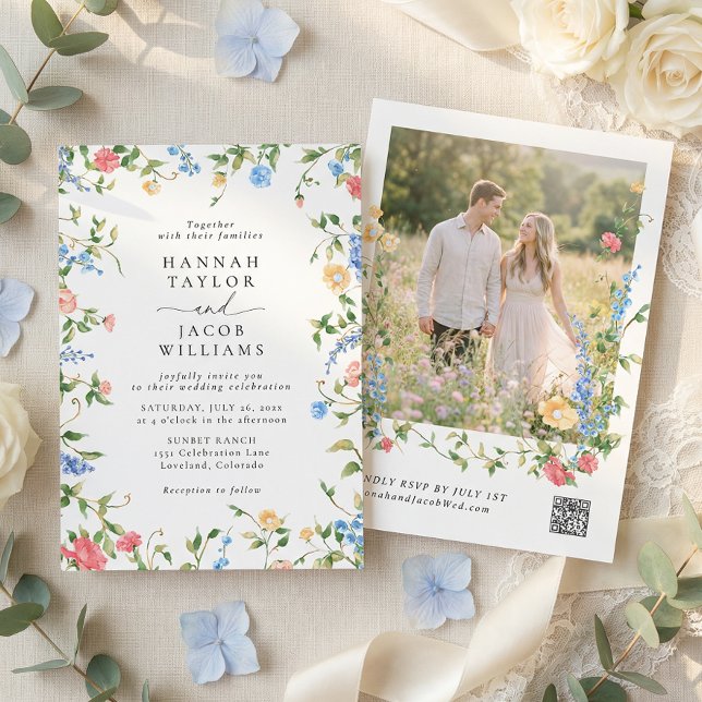 Invitation Elegant Wildflower Photo QR Code RSVP Wedding (Créateur téléchargé)