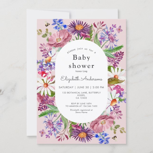 Invitation Elegant Wildflower Watercolor Girl Baby Shower (Devant)