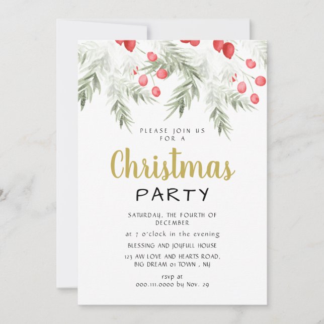 Invitation Elegant Winter Greenery Watercolor Christmas Party (Devant)