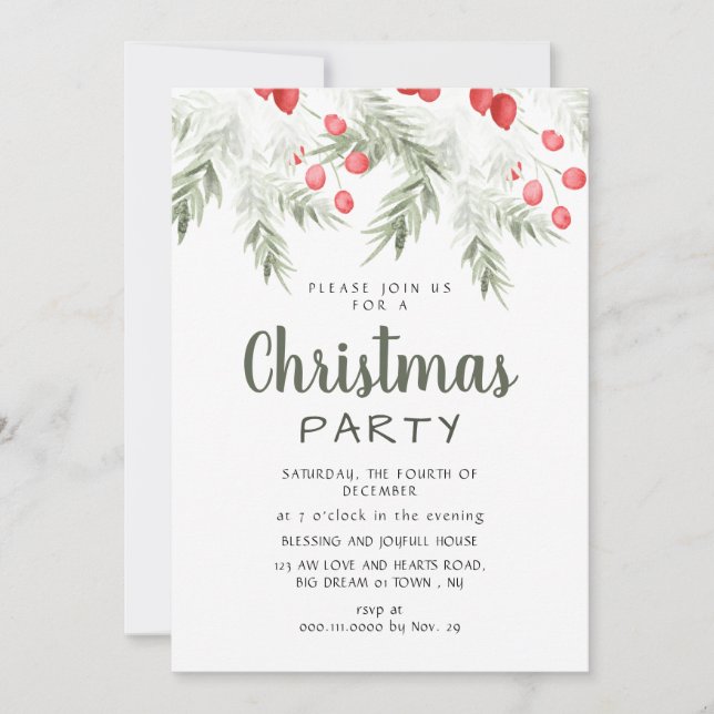 Invitation Elegant Winter Greenery Watercolor Christmas Party (Devant)
