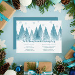Invitation Elegant Winter Trees Custom Blue Christmas Party<br><div class="desc">An elegant row of winter fir trees and snowflakes above your personalized Merry Christmas script and your family last name in pretty blue below the snow filled forest. Modern family holiday party invitation with your custom script.</div>